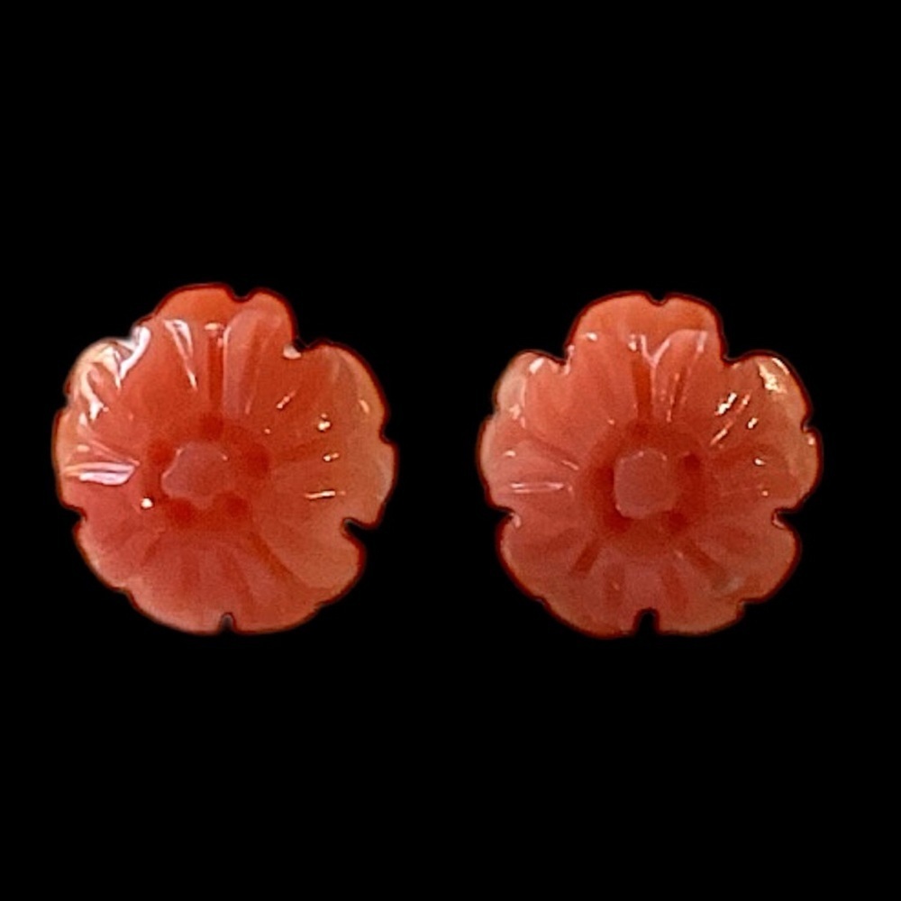 Vintage Small Carved Angel Skin Coral Flower Pink Stud Earrings